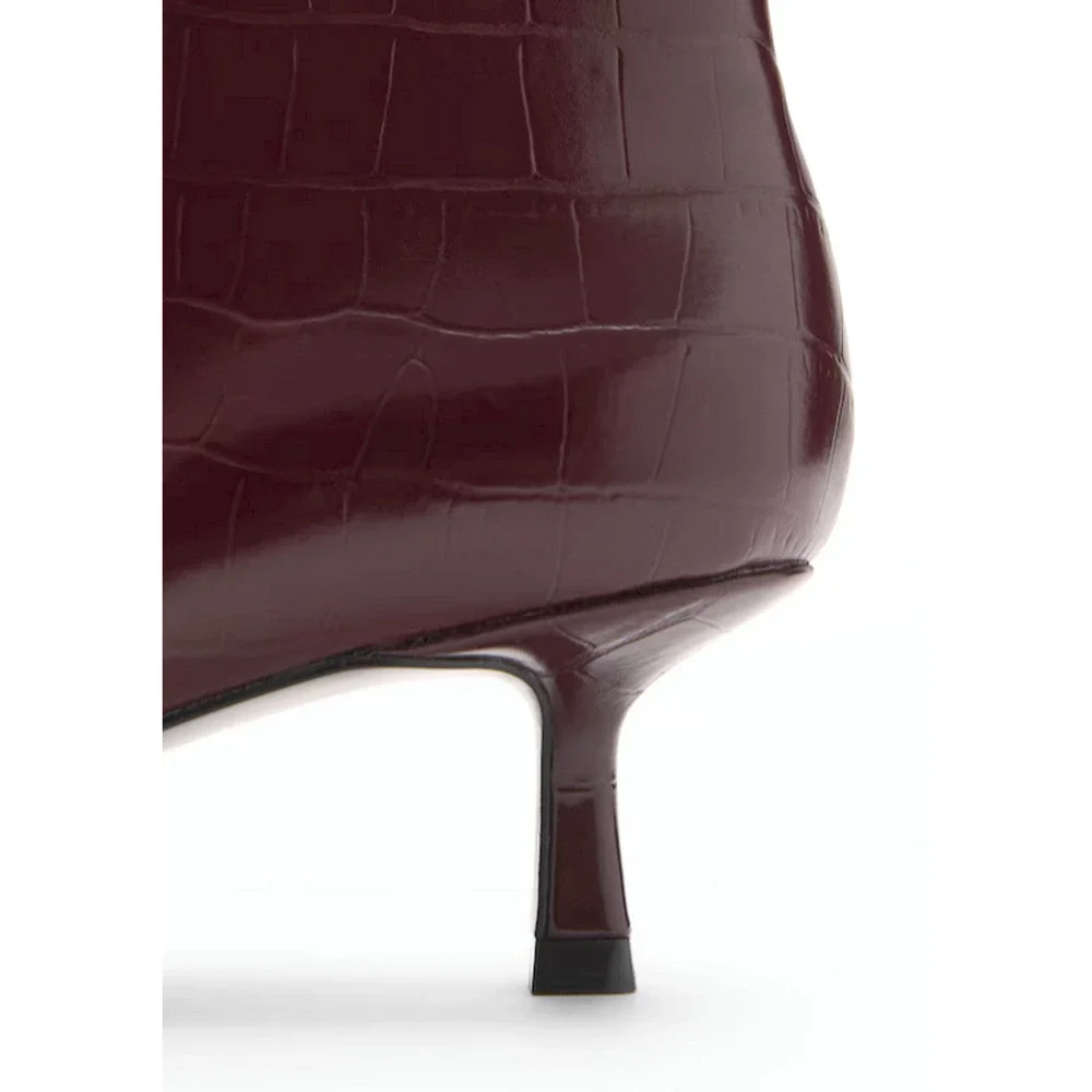 NEW MANGO MNG BURGUNDY COBI KITTEN HEEL CROC EFFECT ANKLE BOOTS BOOTIE 38 US 7.5